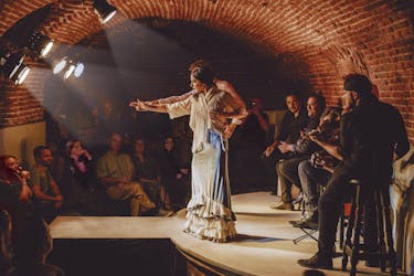 Show tradicional de flamenco em uma caverna de tijolos em Madri